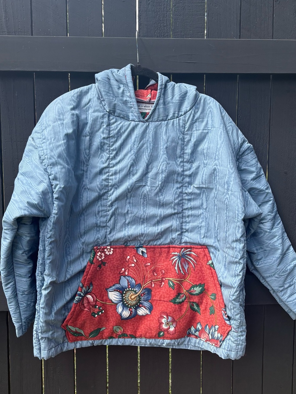 Upcycled Light Blue Quilted Hooded Coat with Subtle Texture size Medium